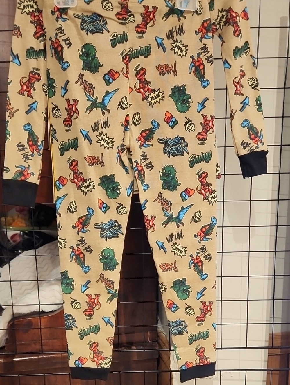 Kids Pajamas - 2pc. Beige Dino Print Long Sleeve Pajama Set - Picture 6 of 7